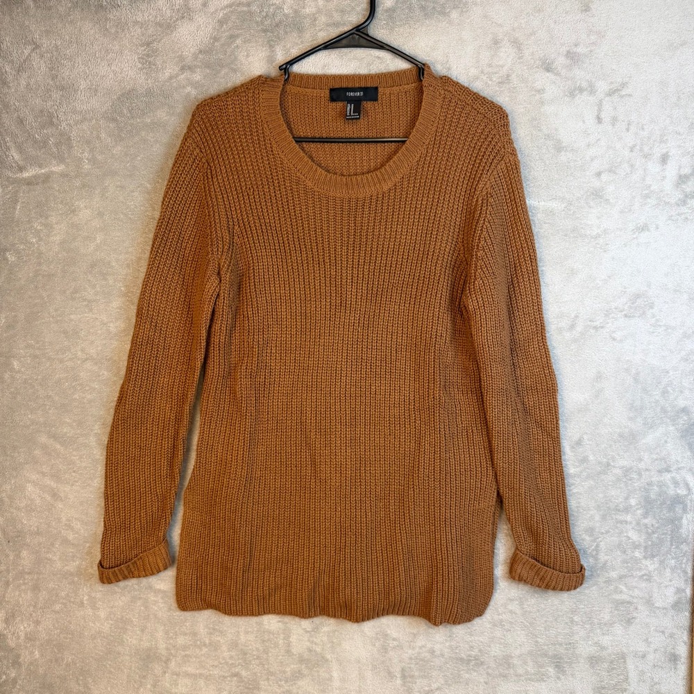 Forever 21 Sweater Womens M Shaker Stitch Ginger Brown Side Slit EUC